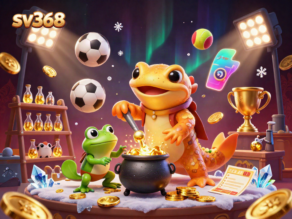 Experience the magic of sv368 with a golden salamander alchemist and sports elements in a vibrant casino scene.