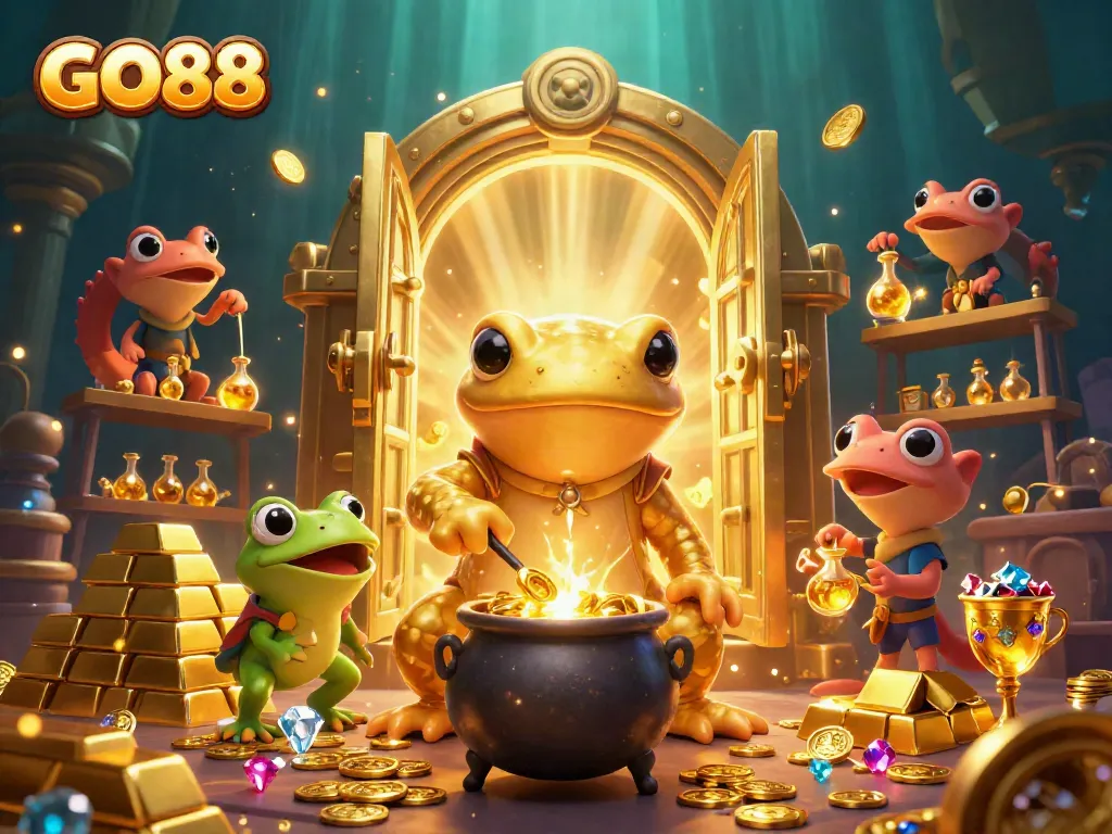 Experience the thrill of GO88 with the golden alchemist transforming metals into winning treasures in this dynamic casino scene.
