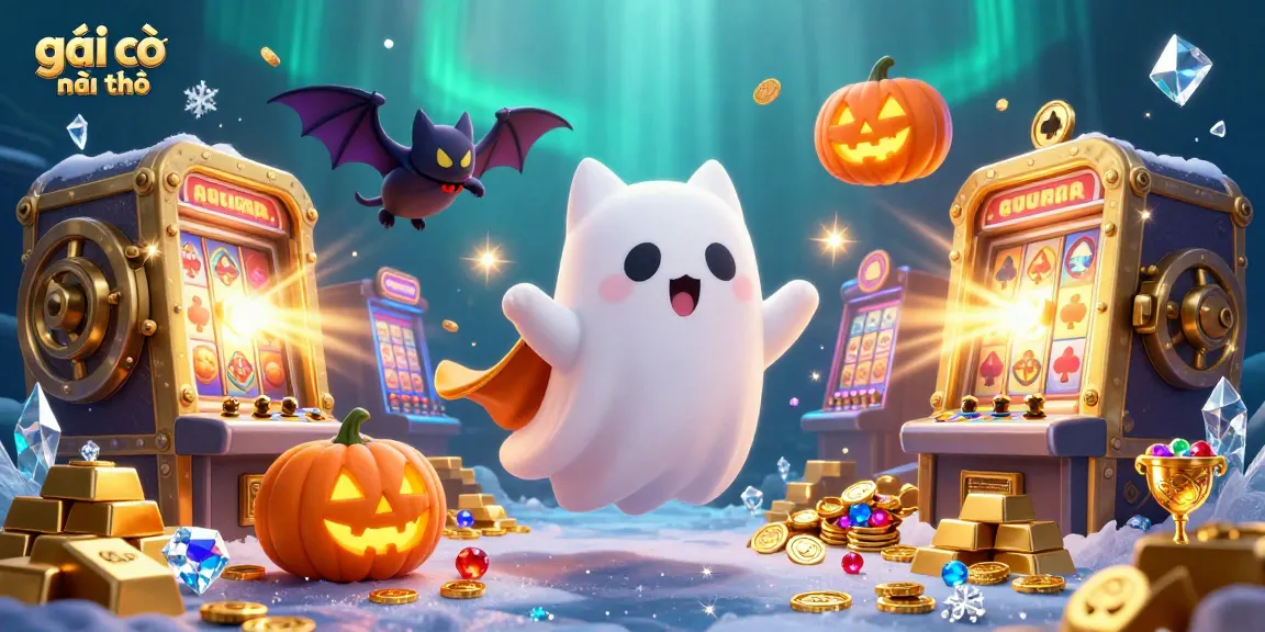 Experience the fun of gái gọi cần thơ with a vibrant casino scene featuring a friendly ghost cat and a vampire bat.