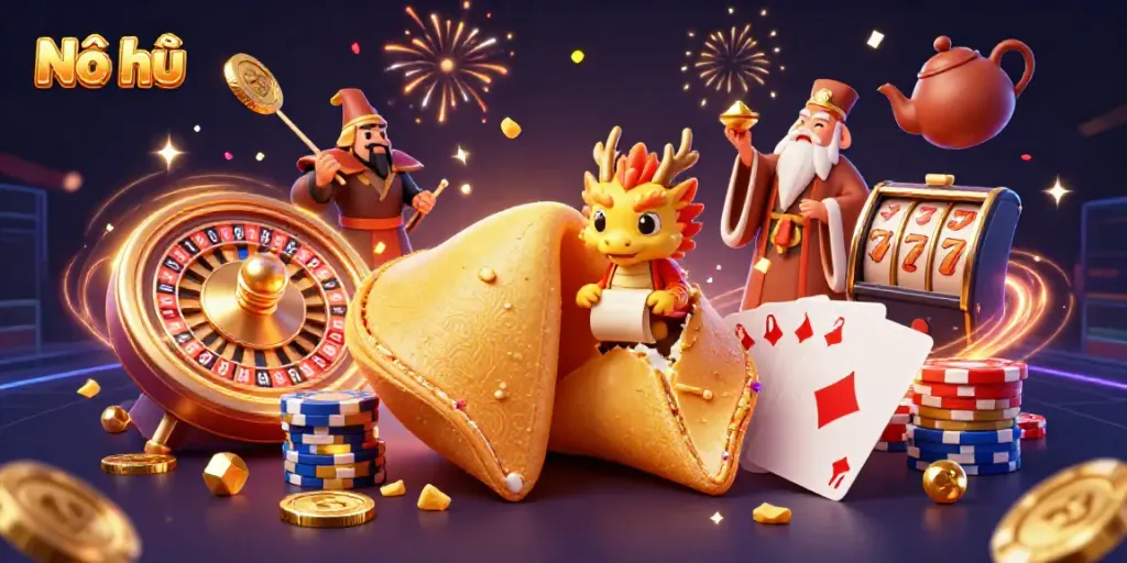 Engage with Nổ hũ in a vibrant 3D scene overflowing with golden coins and gaming excitement.