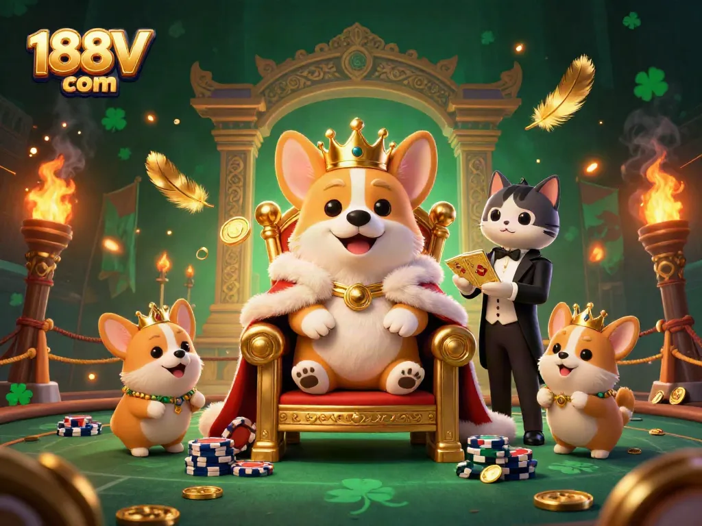 Experience thrilling gaming at 188V com with a royal corgi and vibrant casino scene.