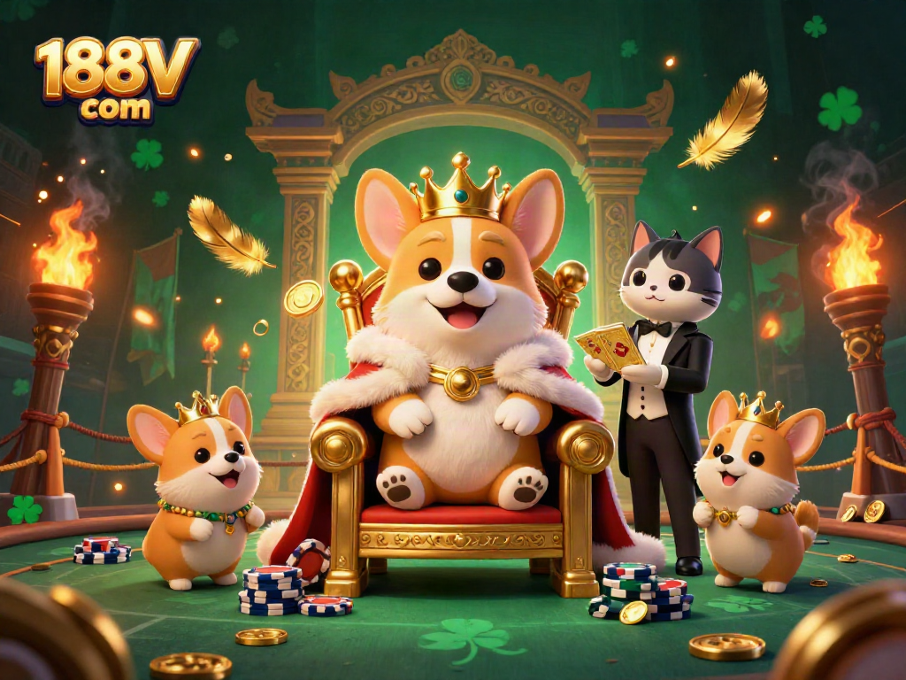 Experience thrilling gaming at 188V com with a royal corgi and vibrant casino scene.
