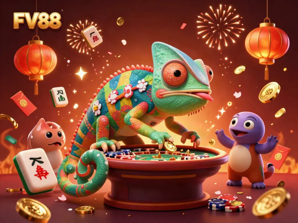 Experience winning moments at FV88, a vibrant casino scene with chameleon mascot and dynamic games.