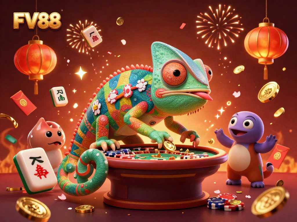 Experience winning moments at FV88, a vibrant casino scene with chameleon mascot and dynamic games.