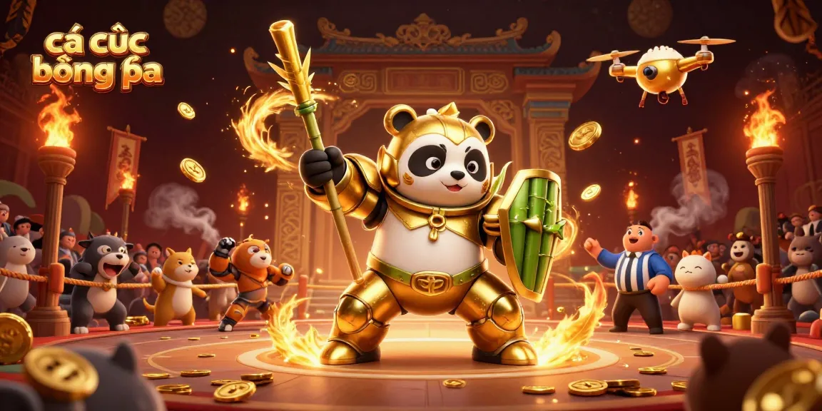 Engaging scene of cá cược bóng đá with a mech-suit panda in a vibrant arena, surrounded by spectators and animated elements.