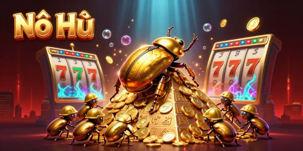 Experience the thrill of Nổ Hũ with a dynamic illustration featuring golden coins and vibrant slot reels.