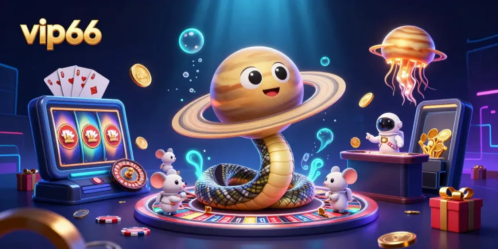 Spin on the Saturn ring snake's roulette with astronaut mice betting at vip66 in a vibrant cosmic scene.