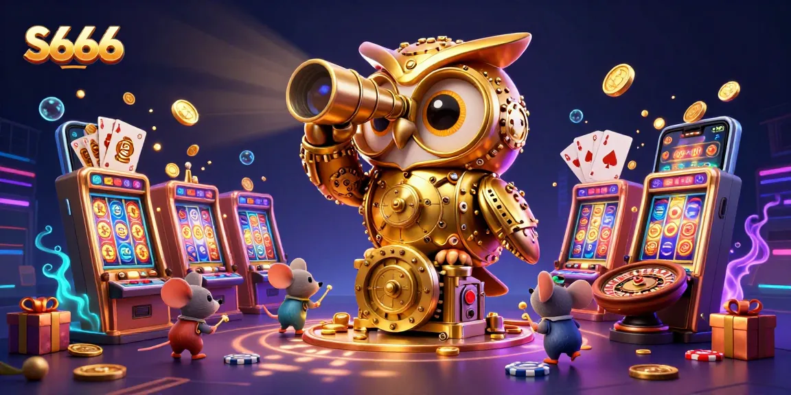 S666 gamblers enjoy an immersive casino experience with a golden owl surveying vibrant slot games.