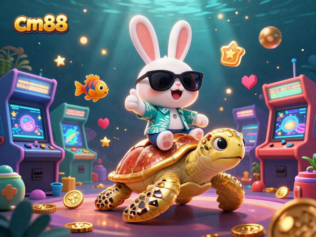 Engage with cm88's joyful rabbit and golden turtle in a vibrant gaming scene filled with colorful elements.