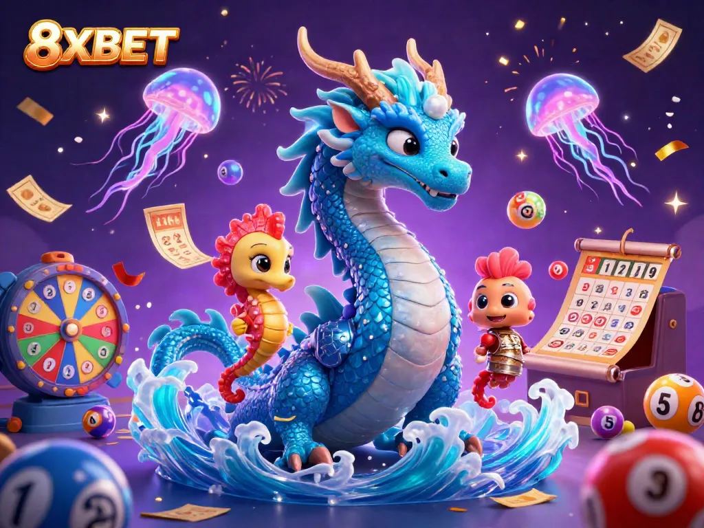 Engage with 8XBET's vibrant gaming experience featuring an azure water dragon, a seahorse knight, and lottery elements.