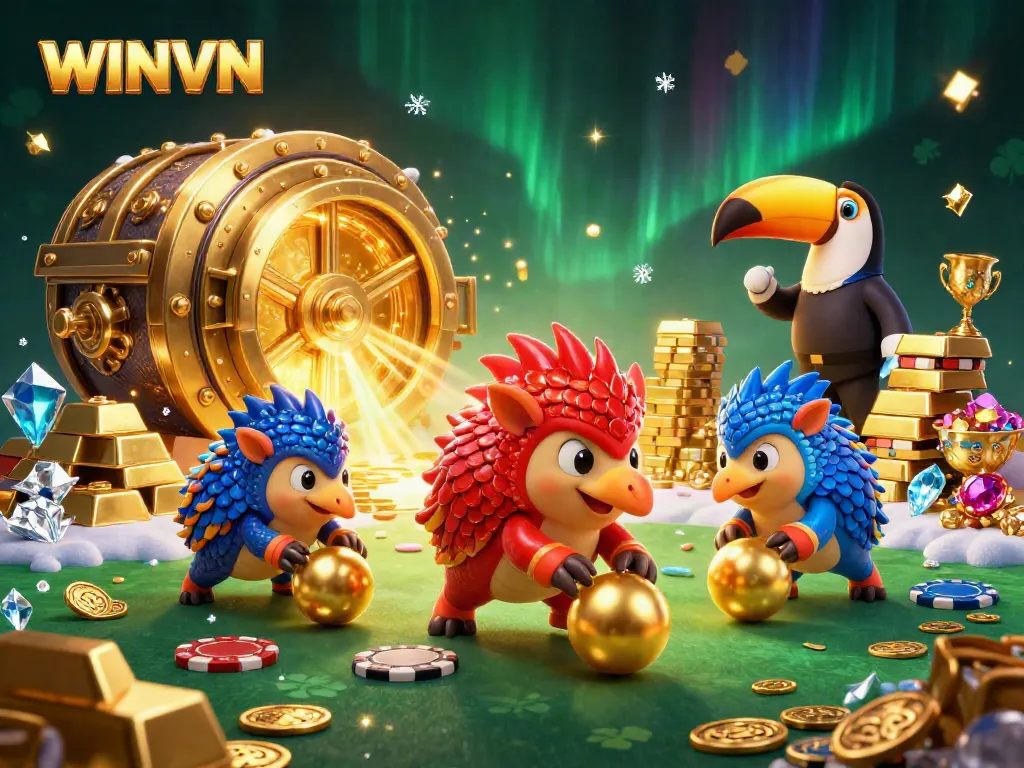 Experience thrilling gaming action with WINVN's lively pangolins, vibrant chips, and golden treasures.