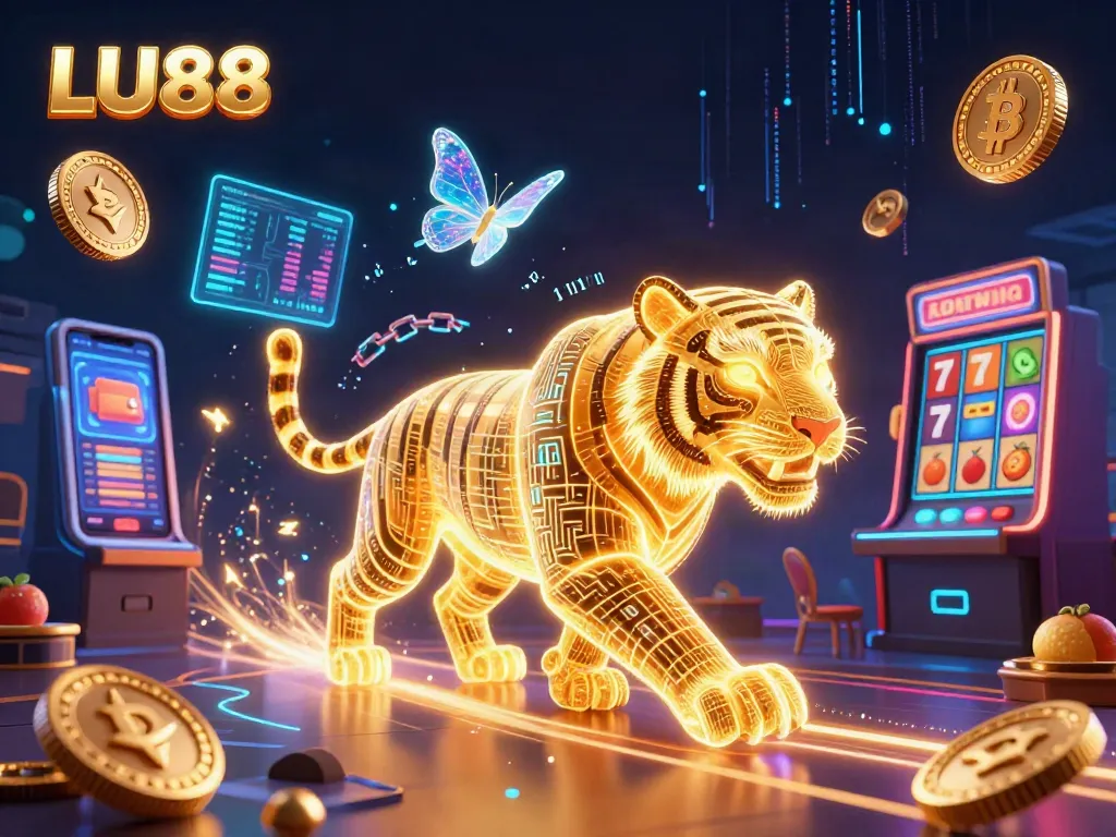 LU88 digital casino scene featuring a golden tiger and coins amid slot jackpots and vibrant effects