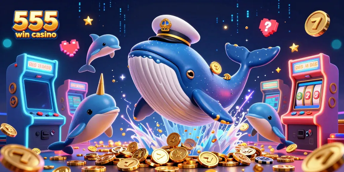 Experience the excitement of 555 win casino with a 3D cartoon whale and playful dolphins in a sea of coins.