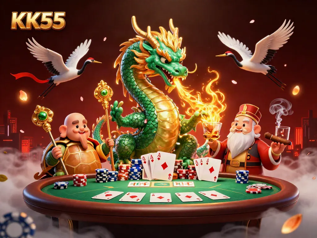 Experience KK55 with a mystical dragon, wise sage, and lucky cranes in a vibrant casino scene.