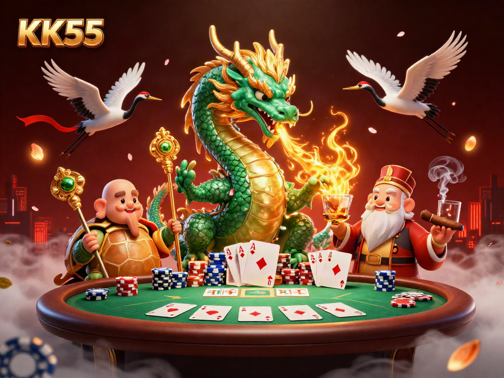 Experience KK55 with a mystical dragon, wise sage, and lucky cranes in a vibrant casino scene.