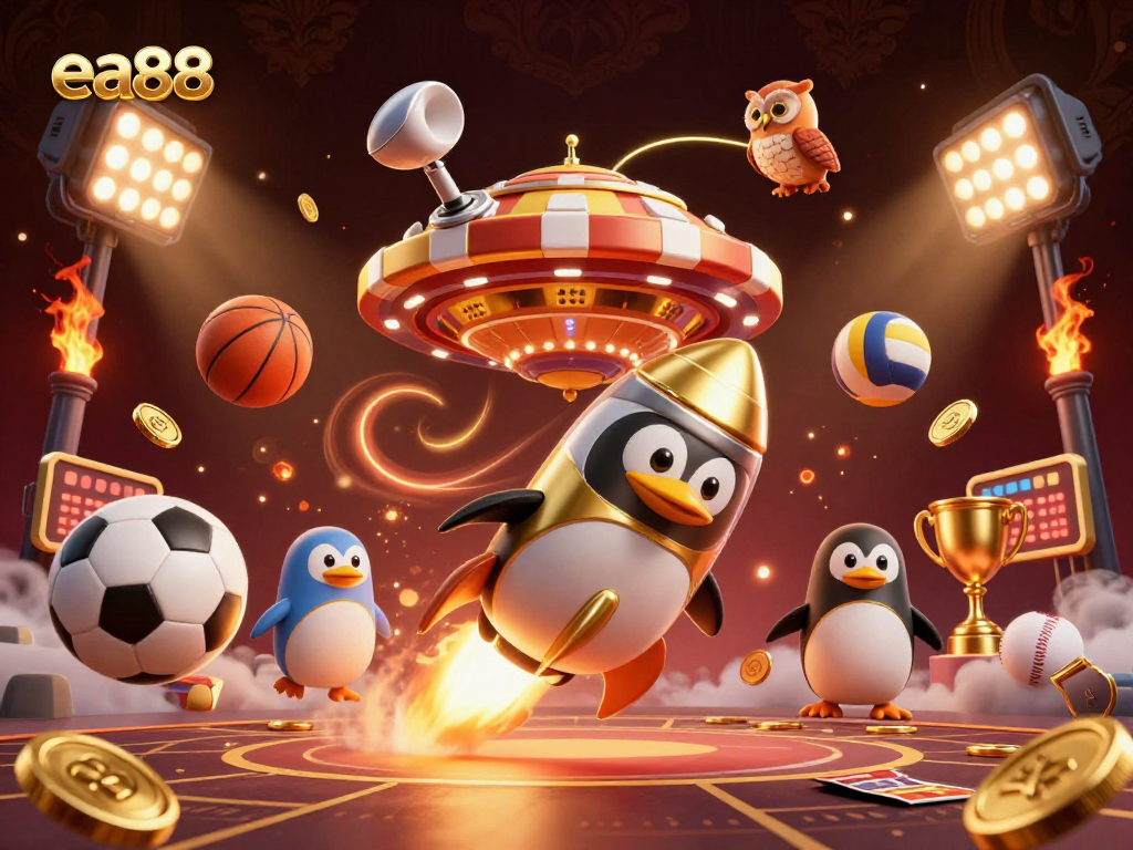 Experience thrilling gaming with ea88's golden penguin in a dynamic casino space scene.
