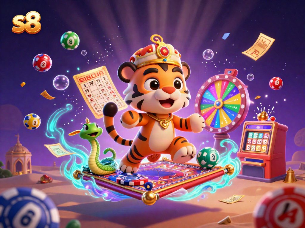 S8 offers dynamic gameplay with a tiger sultan on a magic carpet, surrounded by colorful casino elements.