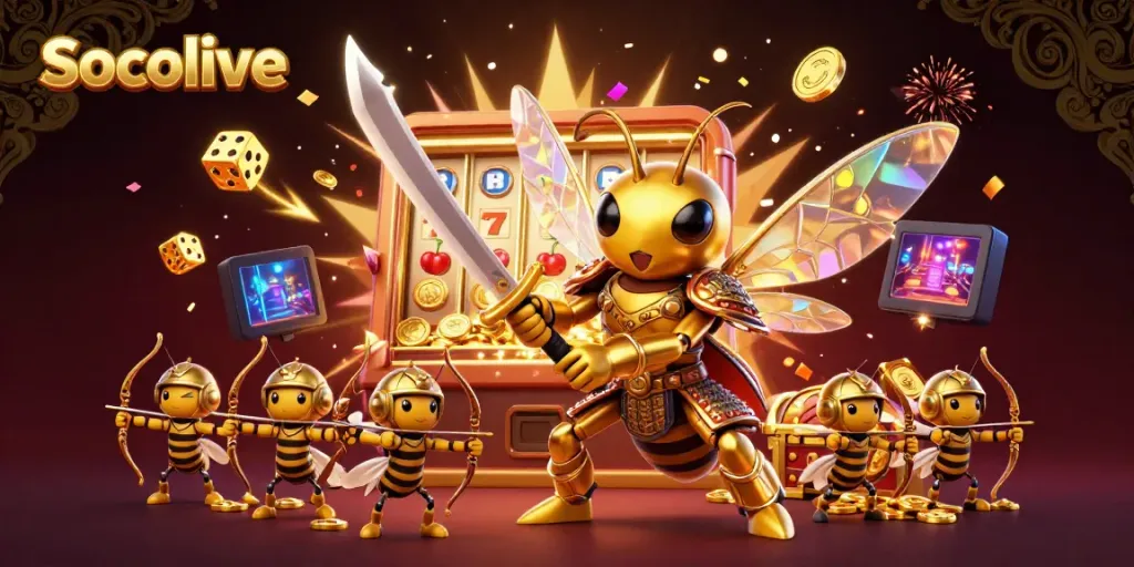 Socolive lively logo illustration with a golden hornet in samurai armor and dynamic casino elements.