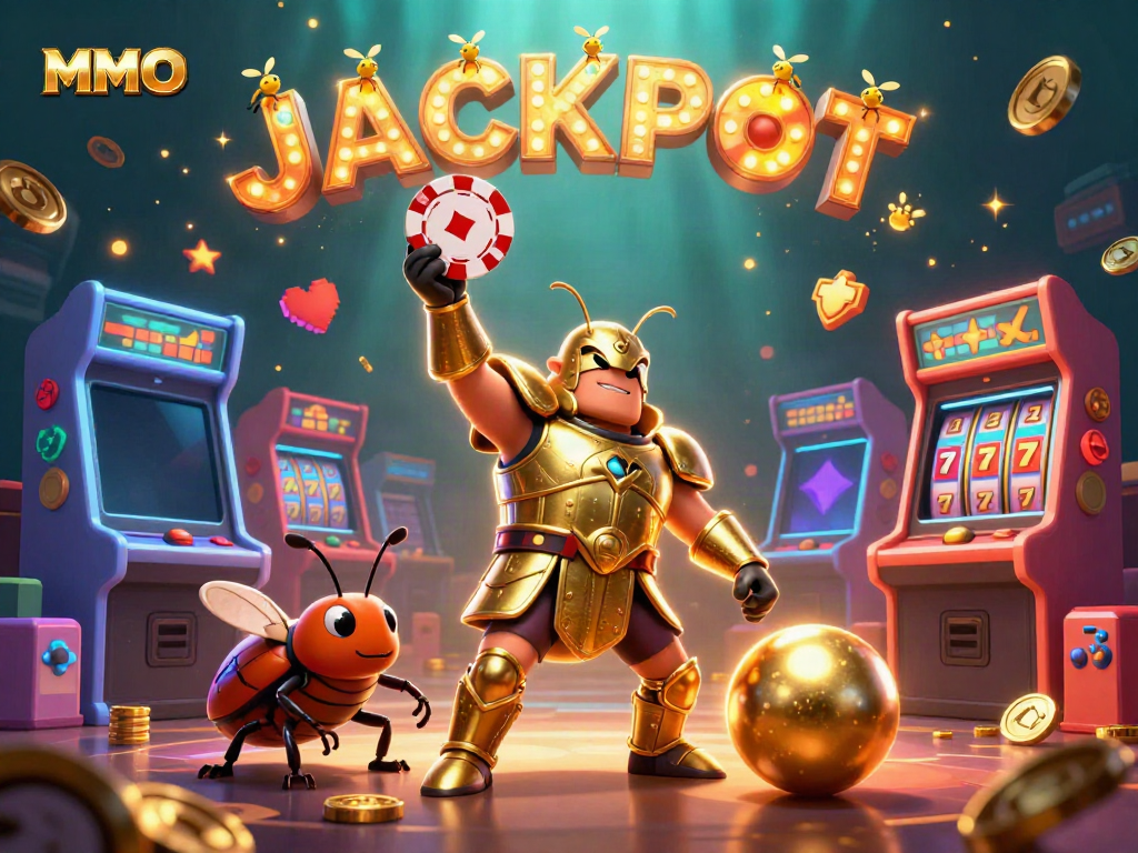 MMOO game: Victory celebration with hercules beetle winning a poker chip amidst colorful casino gaming elements.