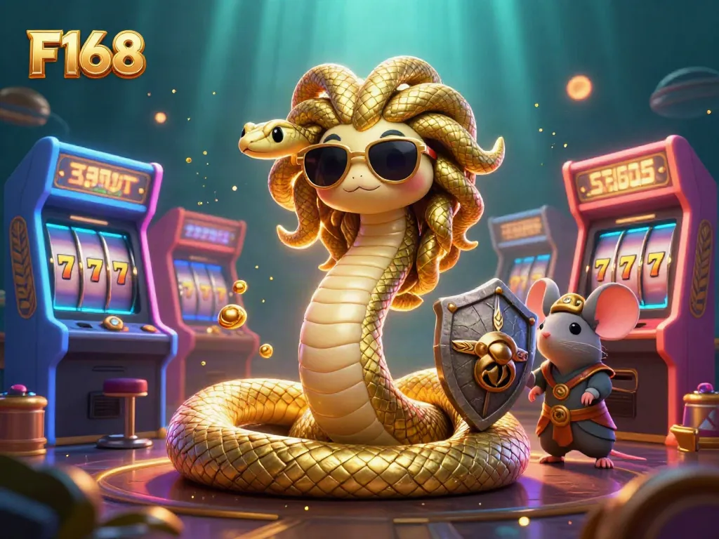 F168 casino adventure featuring Medusa and a warrior mouse amid glowing slot reels and jackpot games.