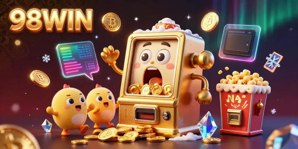 Engage with the vibrant 98WIN casino scene as a joyful slot machine hits the jackpot, surrounded by cheering characters and crypto elements.