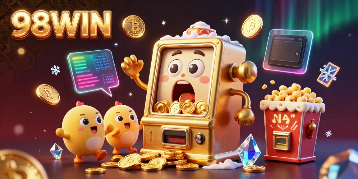 Engage with the vibrant 98WIN casino scene as a joyful slot machine hits the jackpot, surrounded by cheering characters and crypto elements.