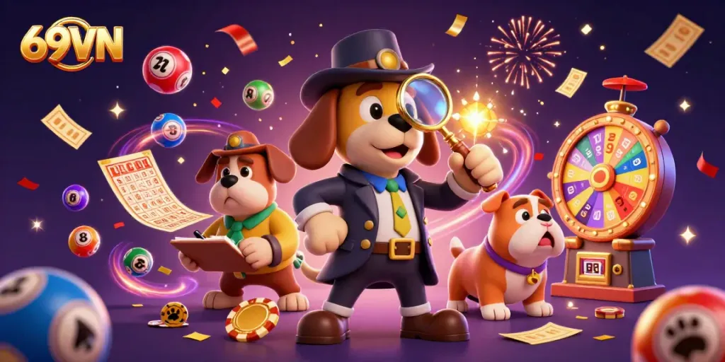 Engaging 69VN scene with a cartoon detective and bulldog analyzing poker clues amidst dynamic gaming elements.