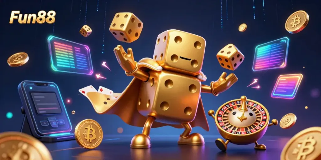Fun88's vibrant casino scene features a fun golden dice golem and crypto elements for an exciting experience.