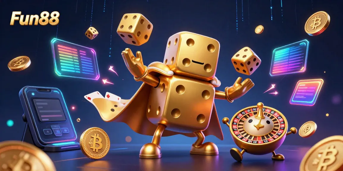 Fun88's vibrant casino scene features a fun golden dice golem and crypto elements for an exciting experience.