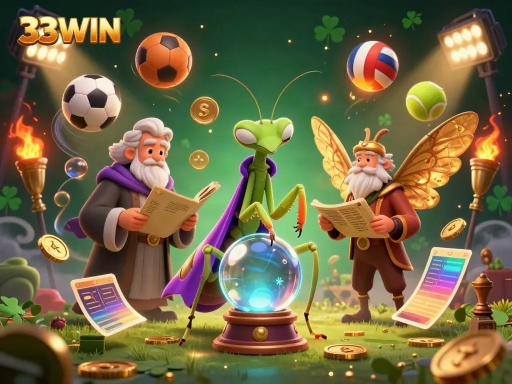 Experience the vibrant world of 33WIN with an energetic scene showcasing unique characters, sports elements, and a mystical atmosphere.