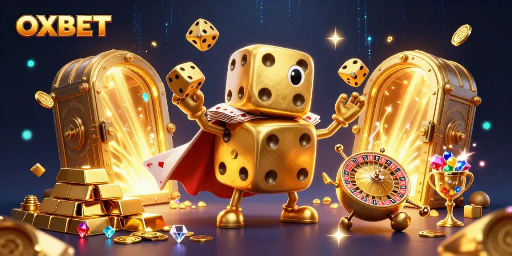 Experience the excitement of OXBET with a vibrant illustration of dynamic casino elements and characters.