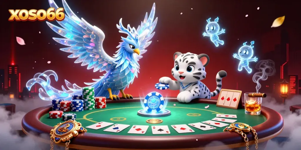 Experience the vibrant world of xoso66 with an ice phoenix and a snow leopard in this lively casino scene.