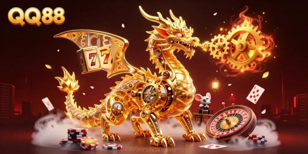 Engage with QQ 88's dynamic casino world, featuring intricate gold elements and thrilling gaming scenes.