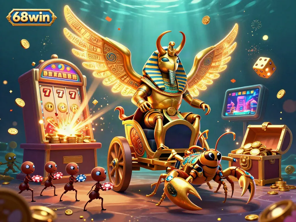 Experience the excitement of 68win with a vibrant casino-themed illustration, featuring a golden beetle and dynamic slot machine.
