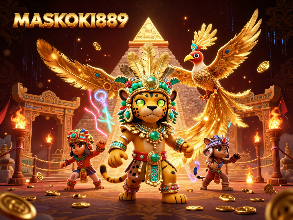 Engage in exciting action with MASKOKI889 in this vibrant 3D casino scene filled with betting tokens and golden details.