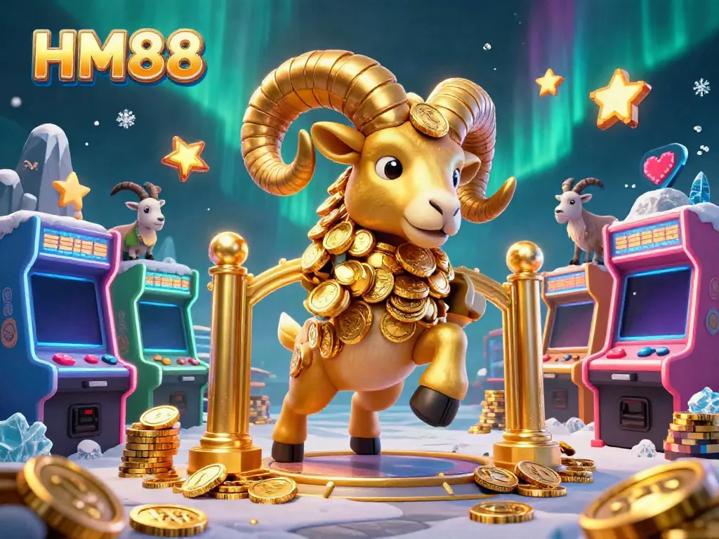 Engage with the dynamic HM88 gaming experience, featuring a golden ram at the casino gate surrounded by arcade elements.