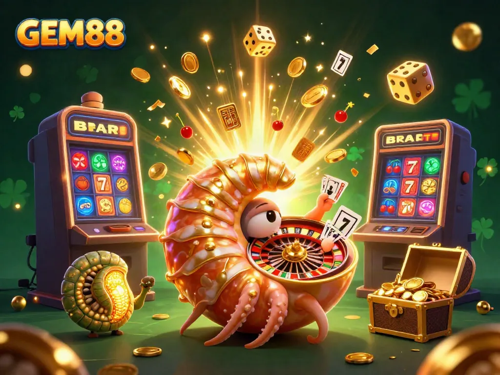 Experience thrilling gaming at GEM88 with ancient nautilus, jackpot slots, and vibrant casino elements.