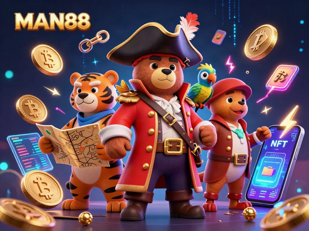Experience winning with MAN88 as a pirate captain and tiger treasure-hunter in a vibrant casino scene.