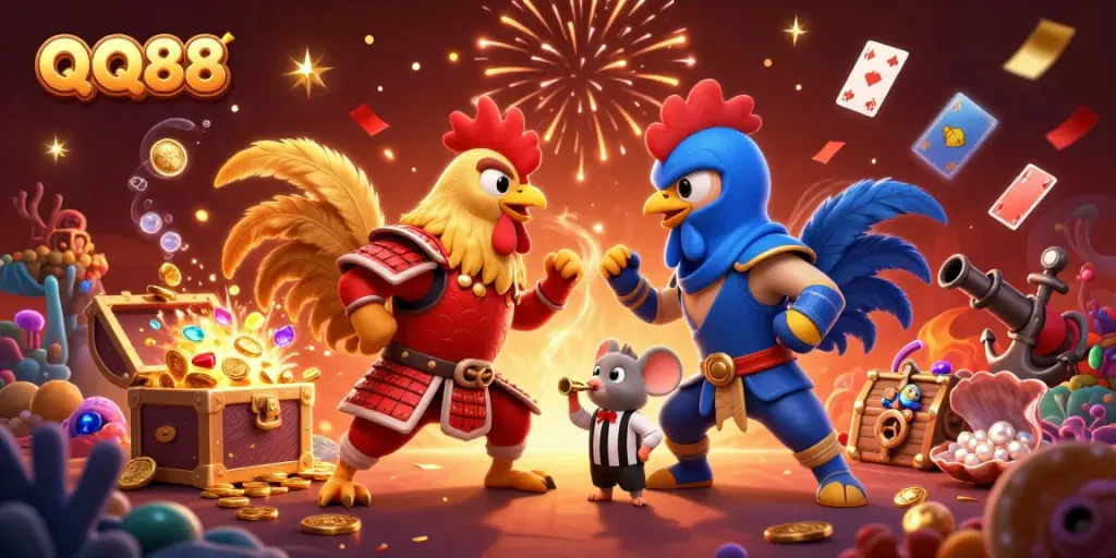 Experience exciting battles at QQ88 with spectacular roosters in action amidst a treasure-filled casino world.