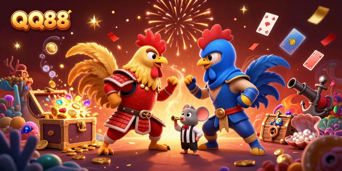 Experience exciting battles at QQ88 with spectacular roosters in action amidst a treasure-filled casino world.