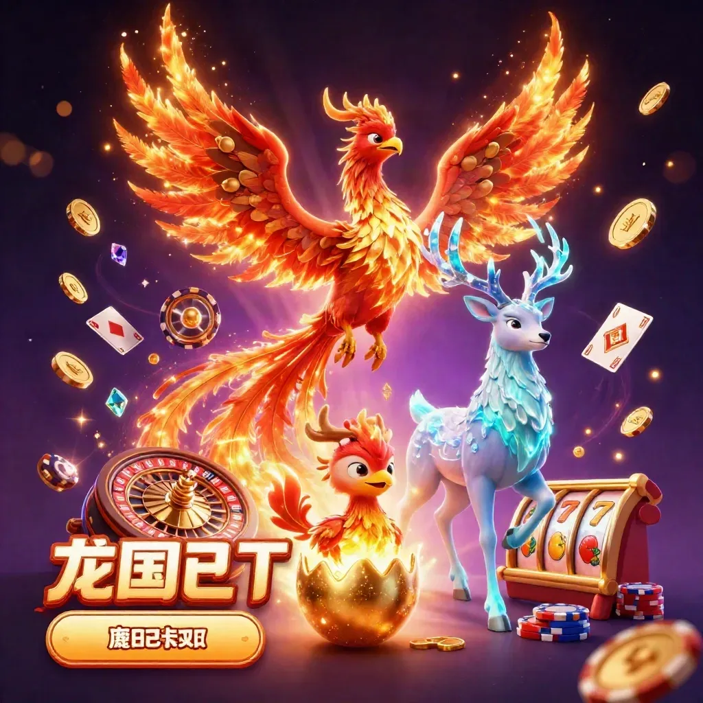 Fire phoenix, baby phoenix, and crystal stag amid cosmic casino treasure and glowing slot symbols.