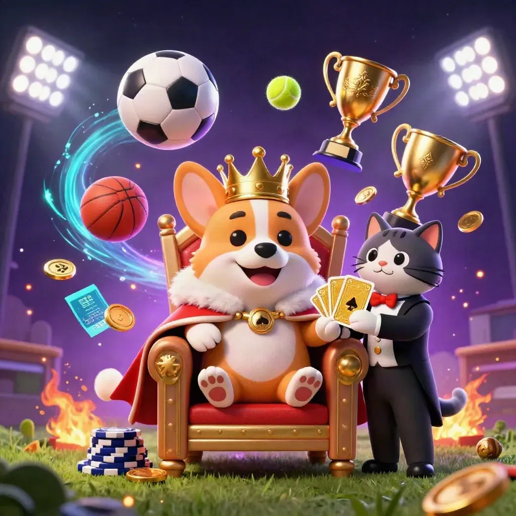 Royal corgi and cat butler amid flying sports balls, gold coins, and cosmic casino glow.