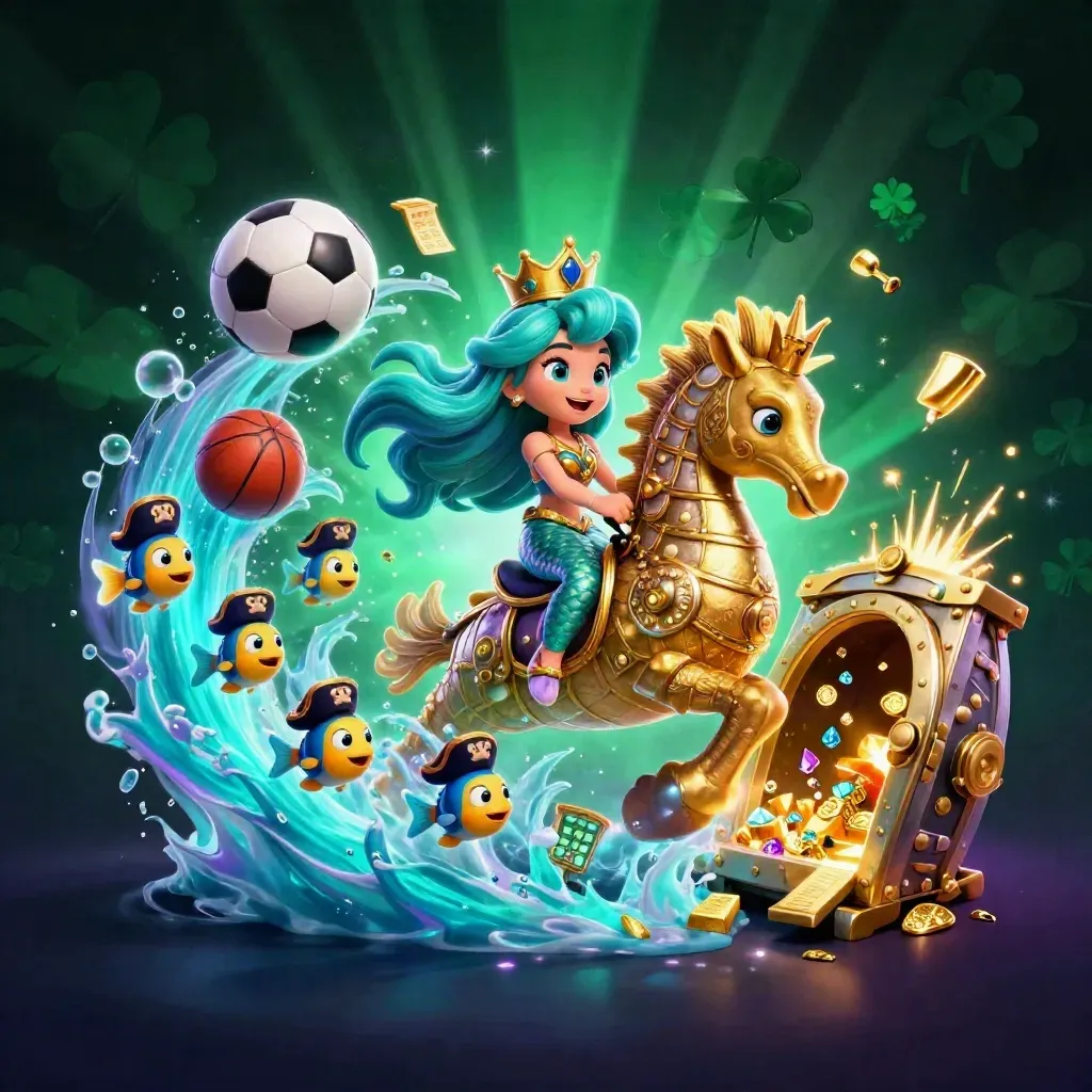 Mermaid princess on armored seahorse amid gold, treasure vault, soccer ball and casino glow.