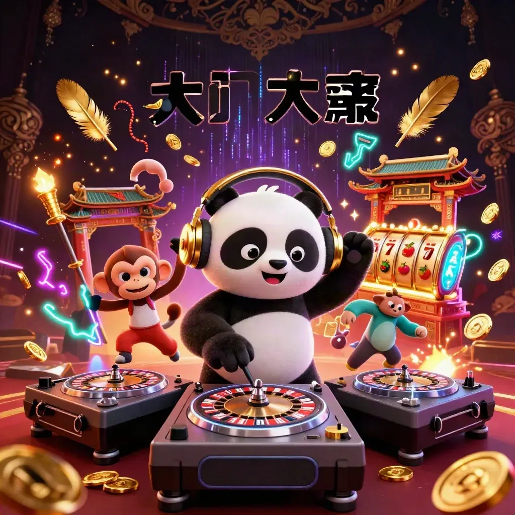 DJ panda, dancing monkey and glow-stick kitten amid casino temple lights, gold sparks and neon rays