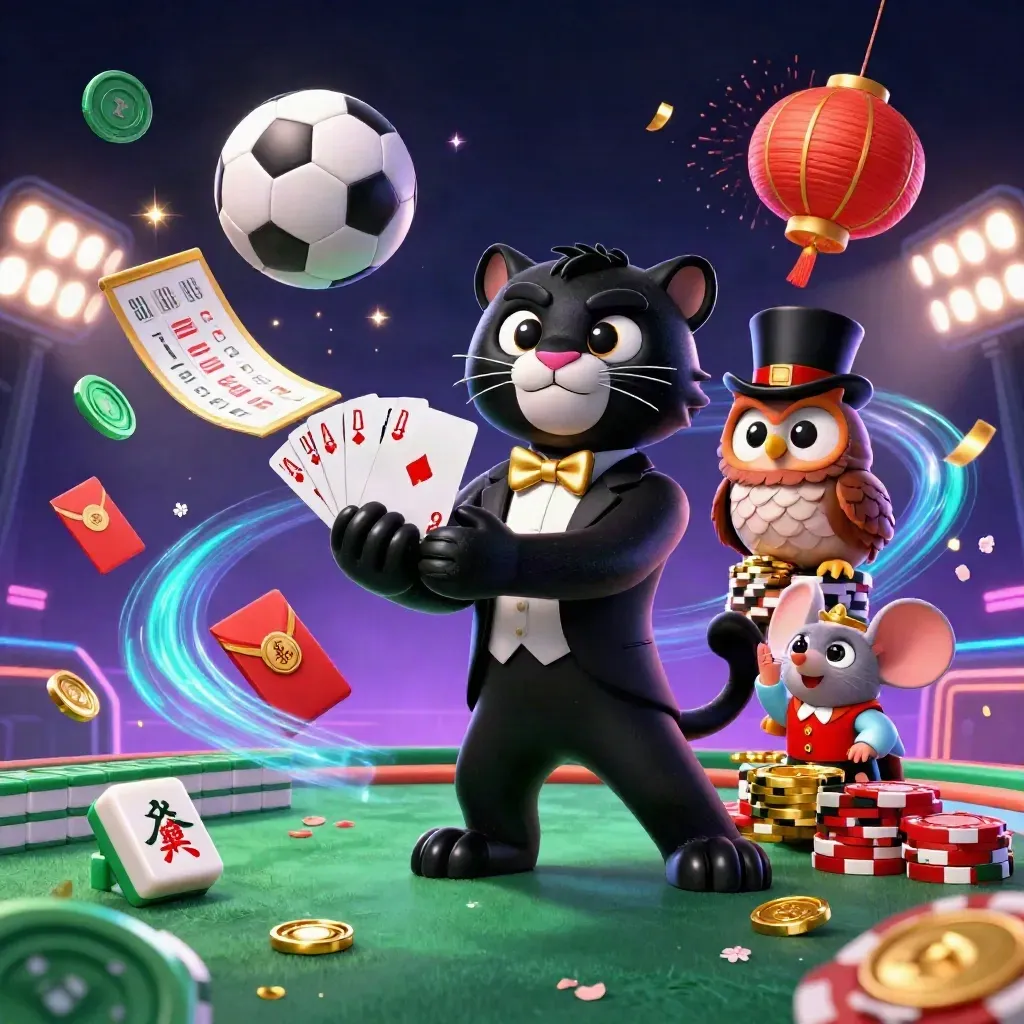 Low-angle casino-sports scene with tuxedo panther, owl, mouse, soccer ball, basketball and glowing chips.