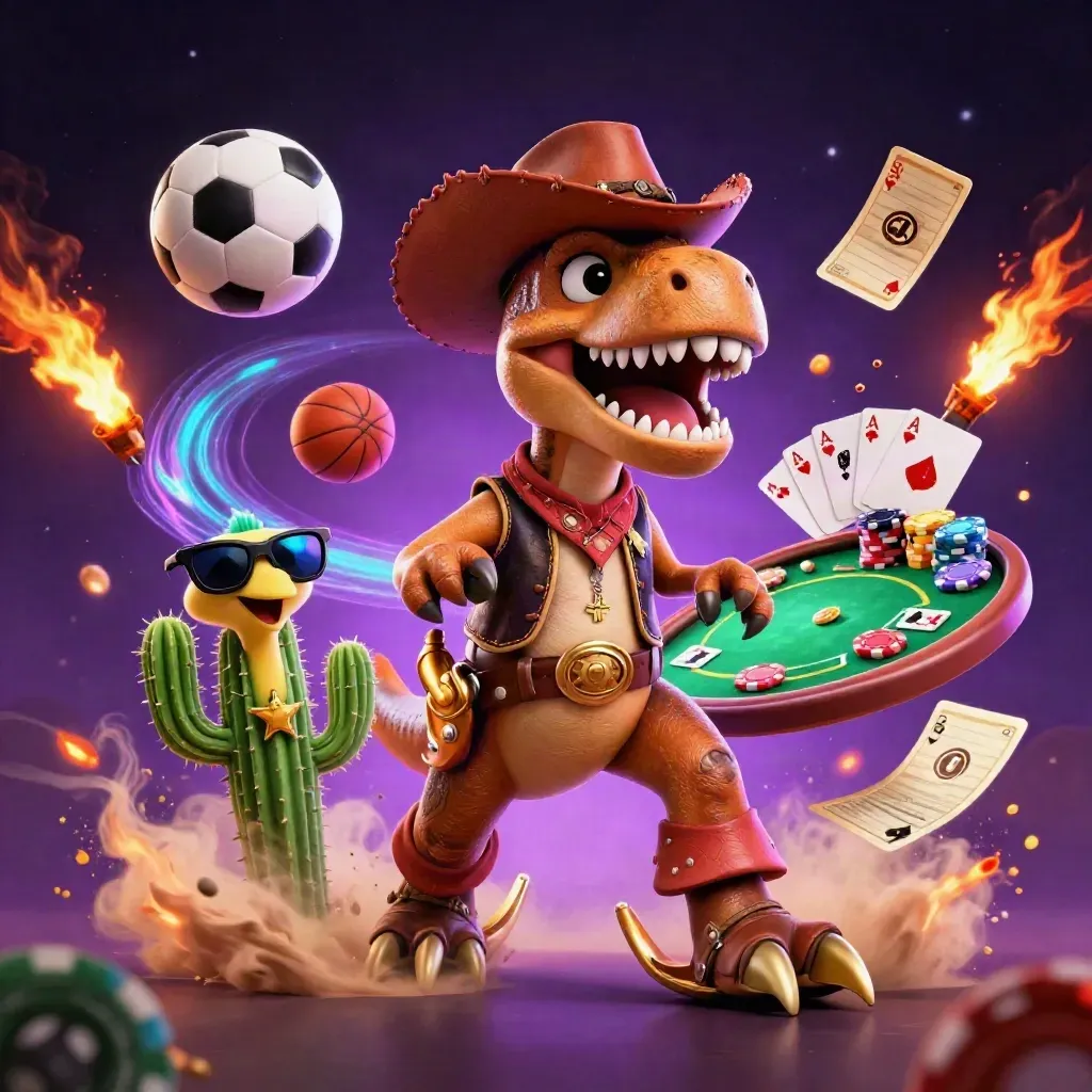 Cartoon cowboy T-Rex, cactus, and roadrunner amid chips, cards, balls, and neon casino lights.