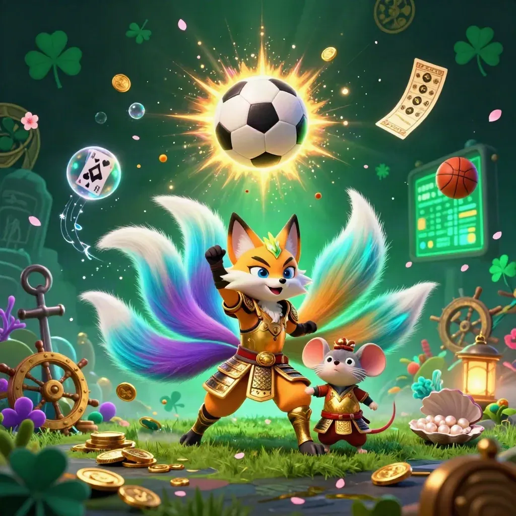 Neon fox spirit and golden mouse amid a soccer ball burst and casino treasure.