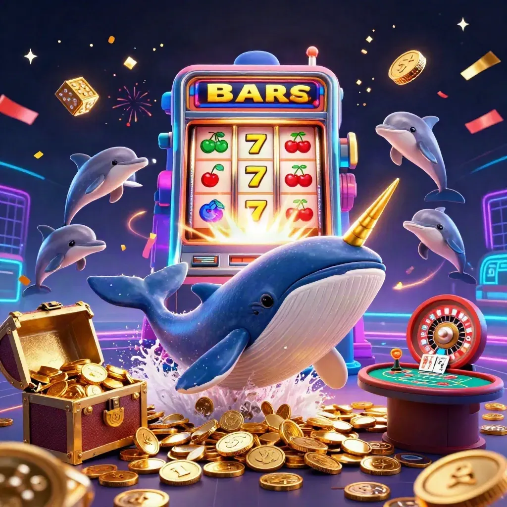 Whale captain, narwhal, and dolphins amid cosmic casino gold and neon slot energy.