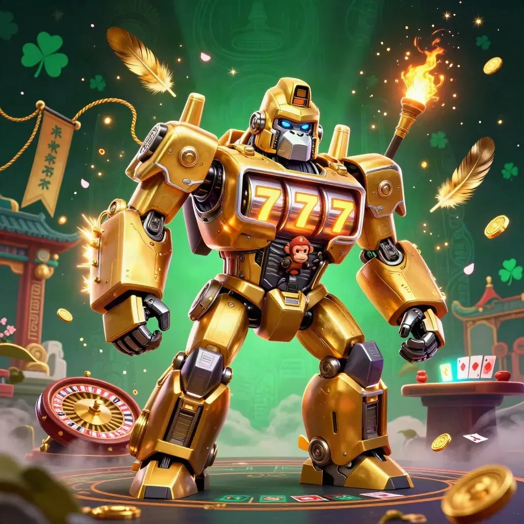 Golden gorilla mech with monkey pilot in a cosmic casino temple scene, glowing coins and roulette wheel.
