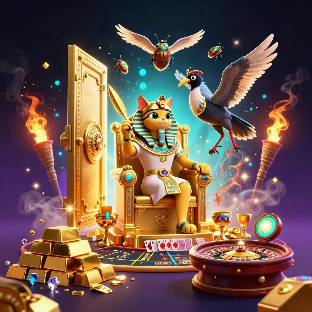 Pharaoh cat, ibis scribe, and gem-winged scarabs amid vault gold and casino glow